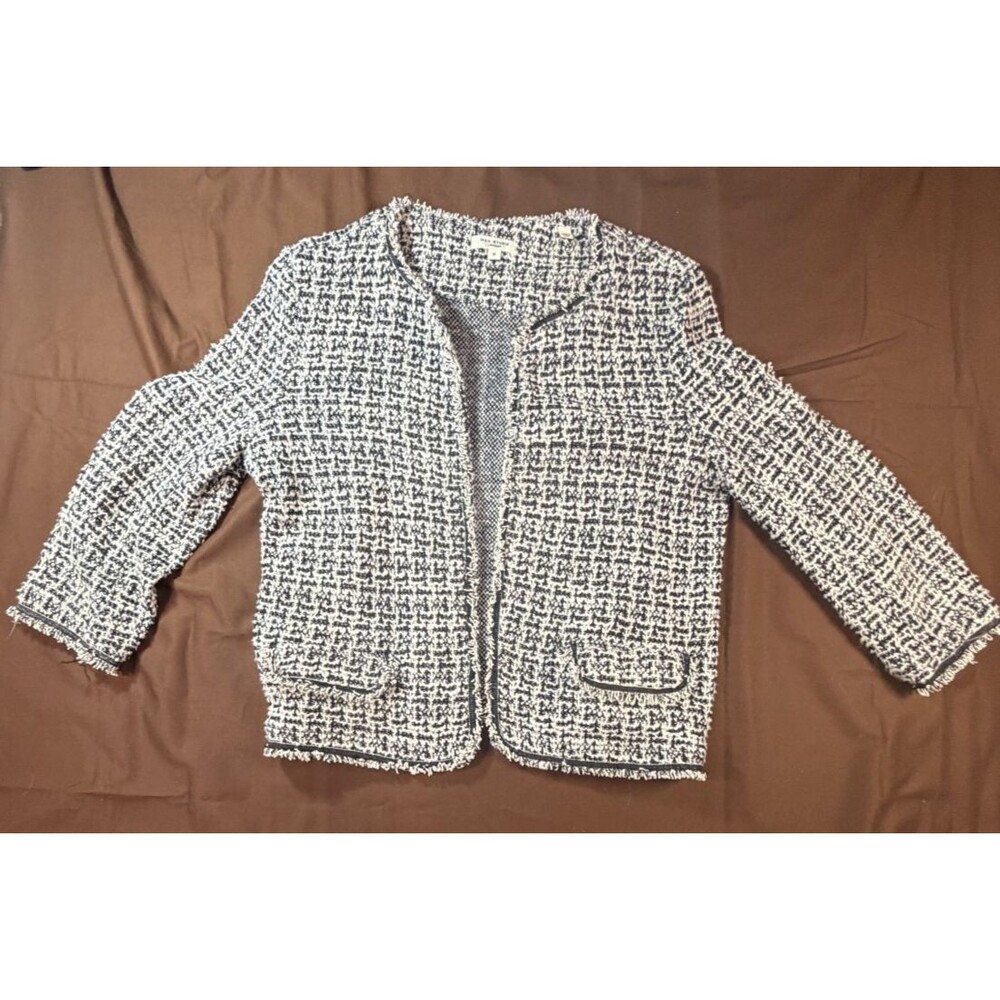 Max Studio London Ivory Black Tweed Fringe Open Front Blazer Medium